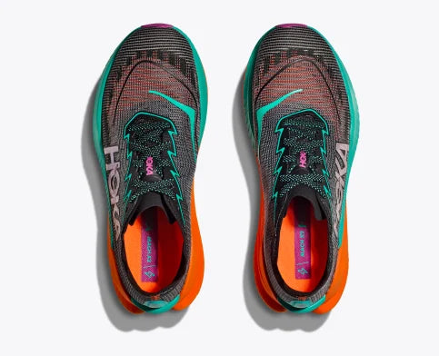 Hoka Mach X2 black, electric aqua, orange top view pair