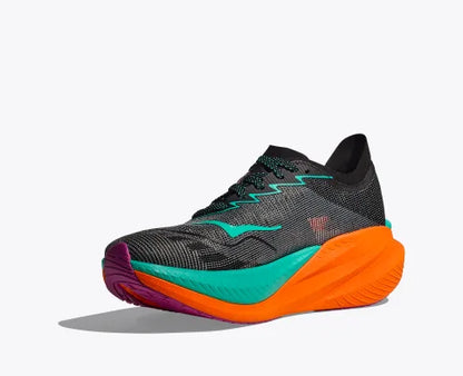 Hoka Mach X2 black, electric aqua, orange medial view