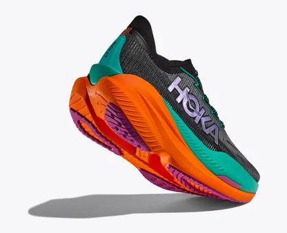 Hoka Mach X2 black, electric aqua, orange rear raised heel view