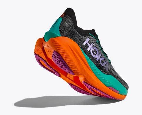 Hoka Mach X2 black, electric aqua, orange reaer rasied heel view