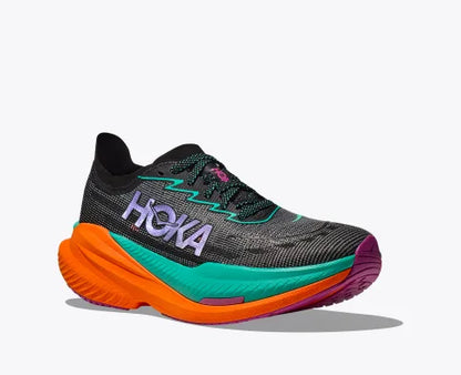 Hoka Mach X2 black, electric aqua, orange front side angled view