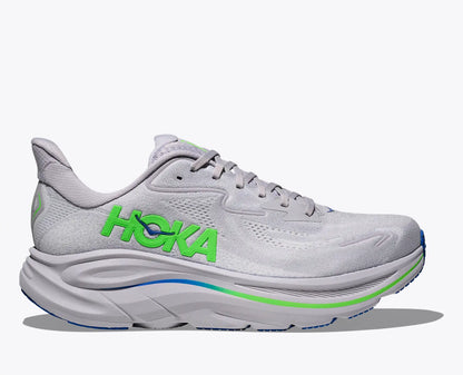 Hoka Men's Clifton 10 Gray running shoe with green 'Hoka' logo on a white background