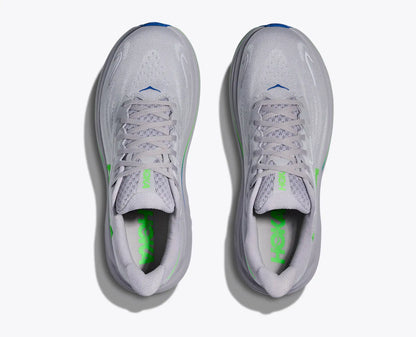 Pair of gray Hoka Men's Clifton 10 sneakers with green accents on a white background