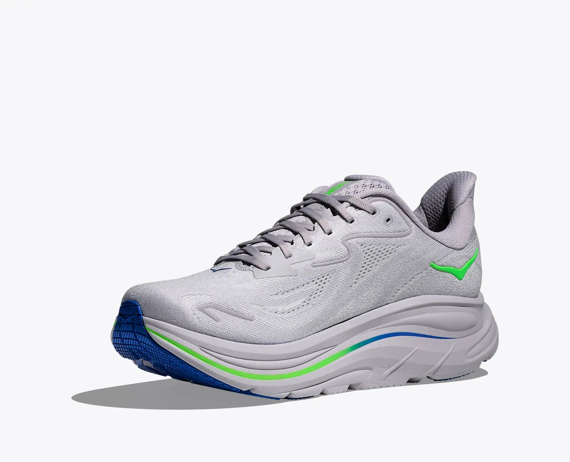 Hoka Men's Clifton 10 gray White running shoe with blue and green accents on a white background