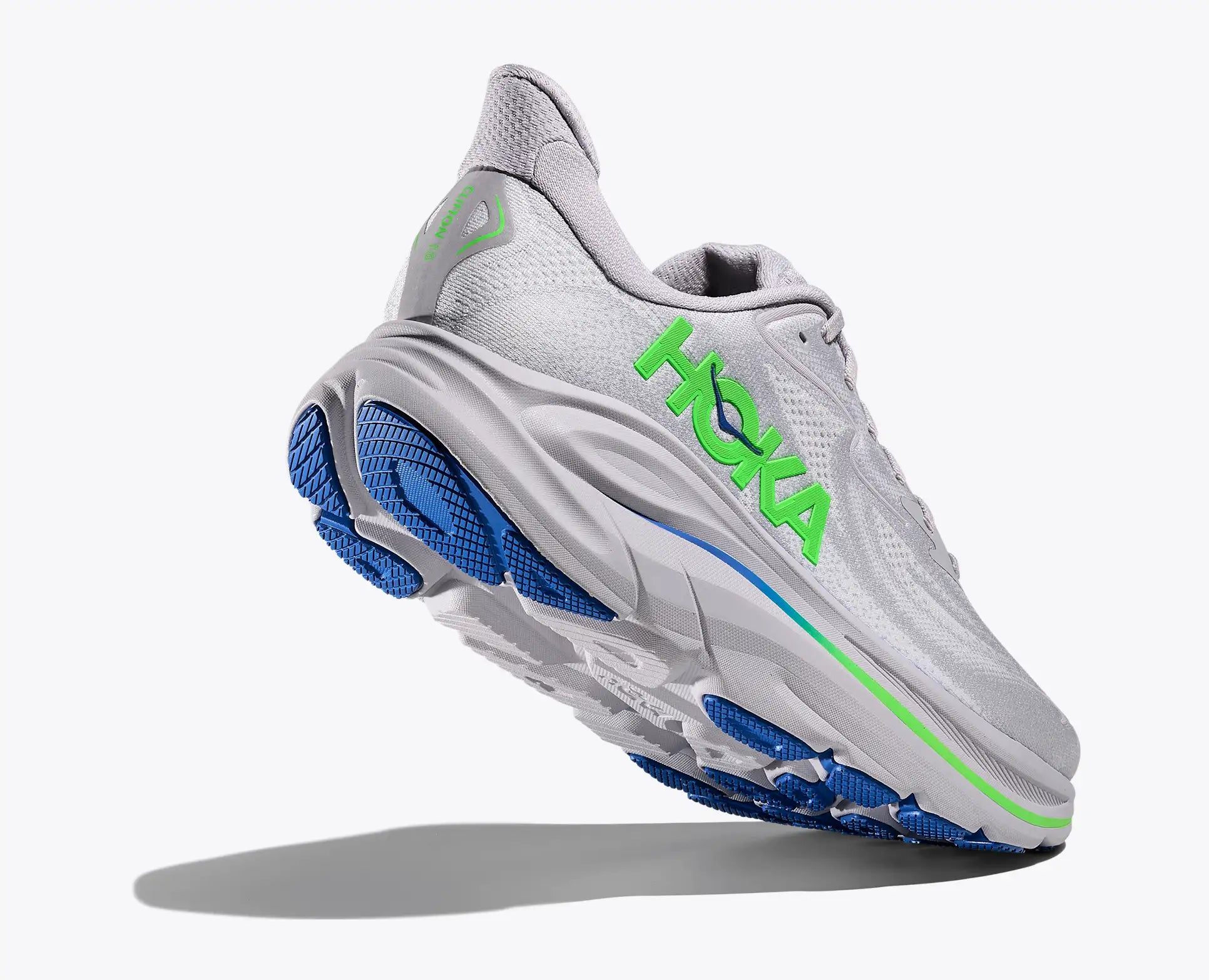 Hoka Men's Clifton 10 Gray running shoe with blue and green sole on a white background