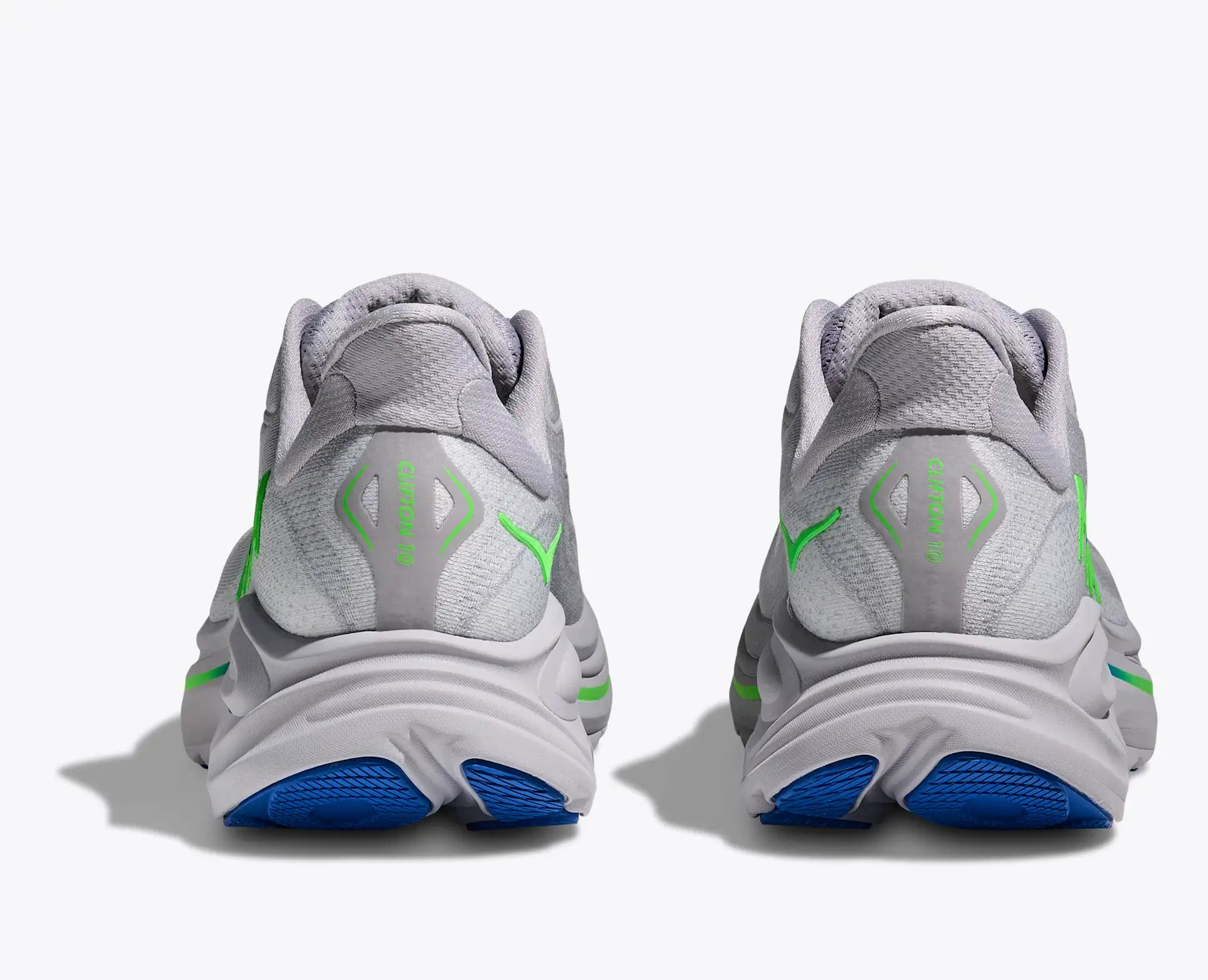 Hoka Men's Clifton 10 gray and White running shoes with blue soles and green accents on a white background
