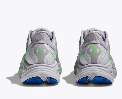 Hoka Men's Clifton 10 gray and White running shoes with blue soles and green accents on a white background