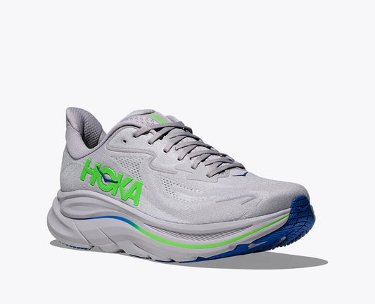 Hoka Men's Clifton 10 Gray running shoe with green and blue accents on a white background