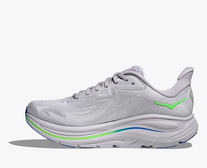 Hoka Men's Clifton 10 gray White running shoe with green accents on a white background