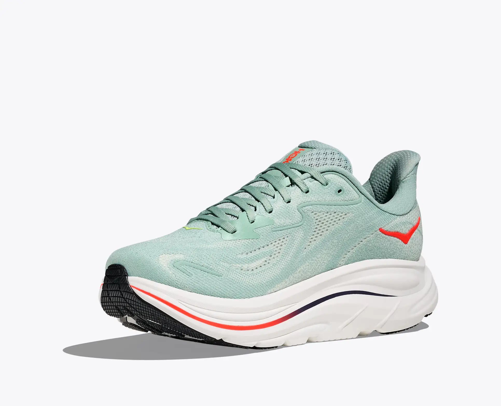 Light blue Hoka Clifton 10 men's  running shoe with red accents on a white background