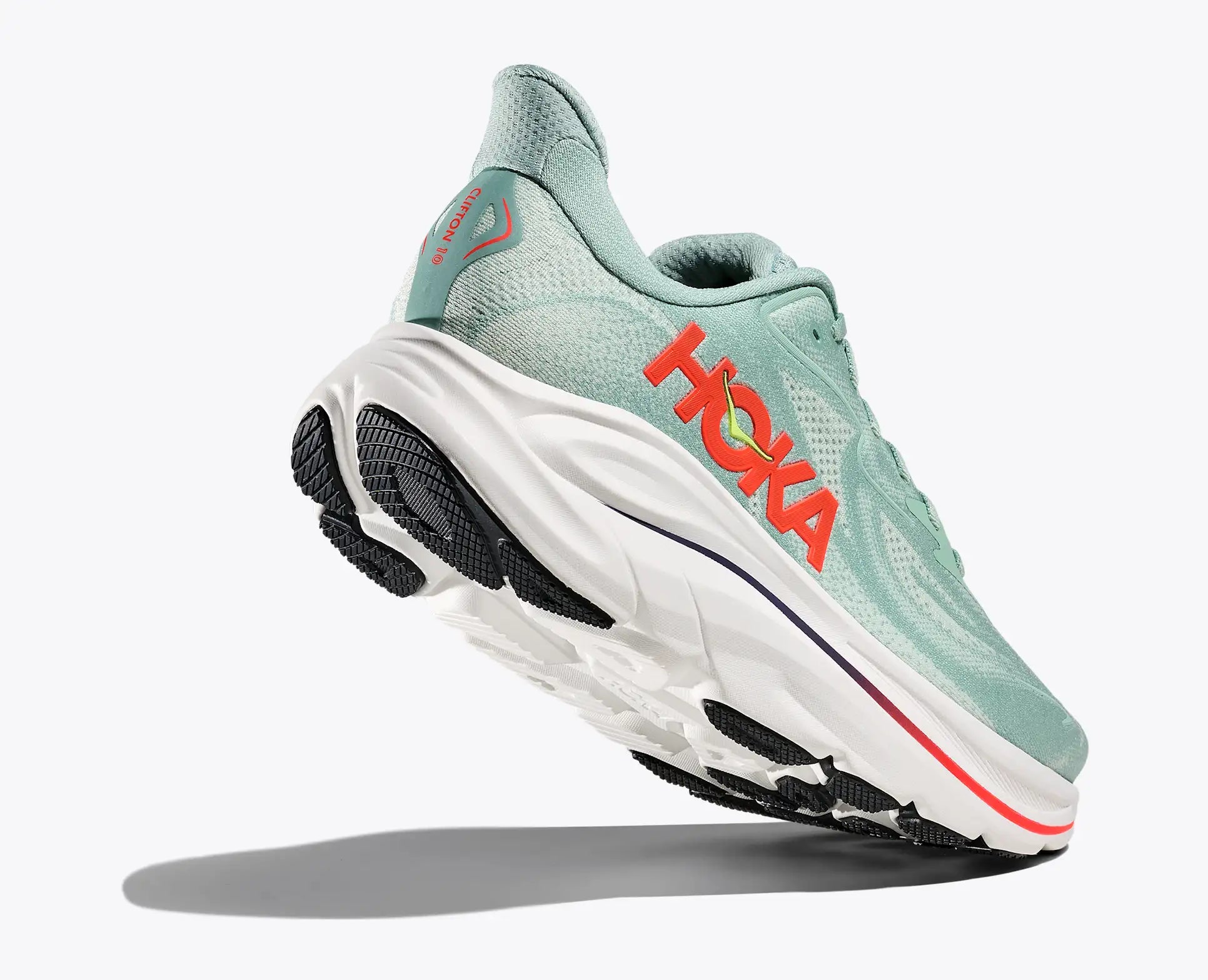 Light blue Hoka Clifton 10 men's  running shoe with red 'Hoka' logo on a white background