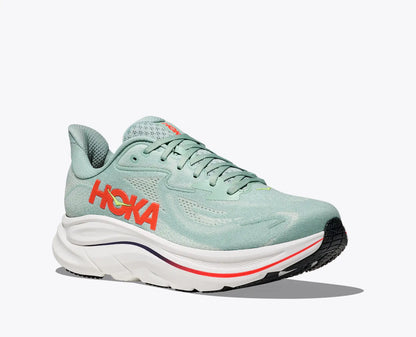 Hoka Clifton 10 men's Light blue running shoe with red Hoka logo on a white background