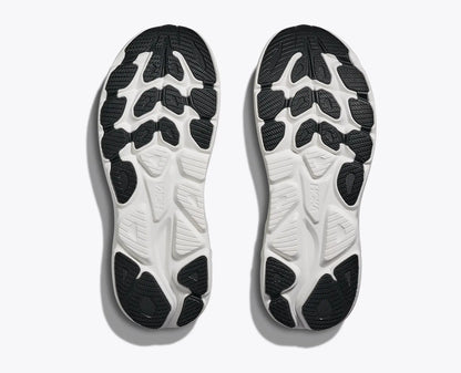 Close-up of a pair of black and white Hoka Clifton 10 men's  athletic shoes on a light gray background