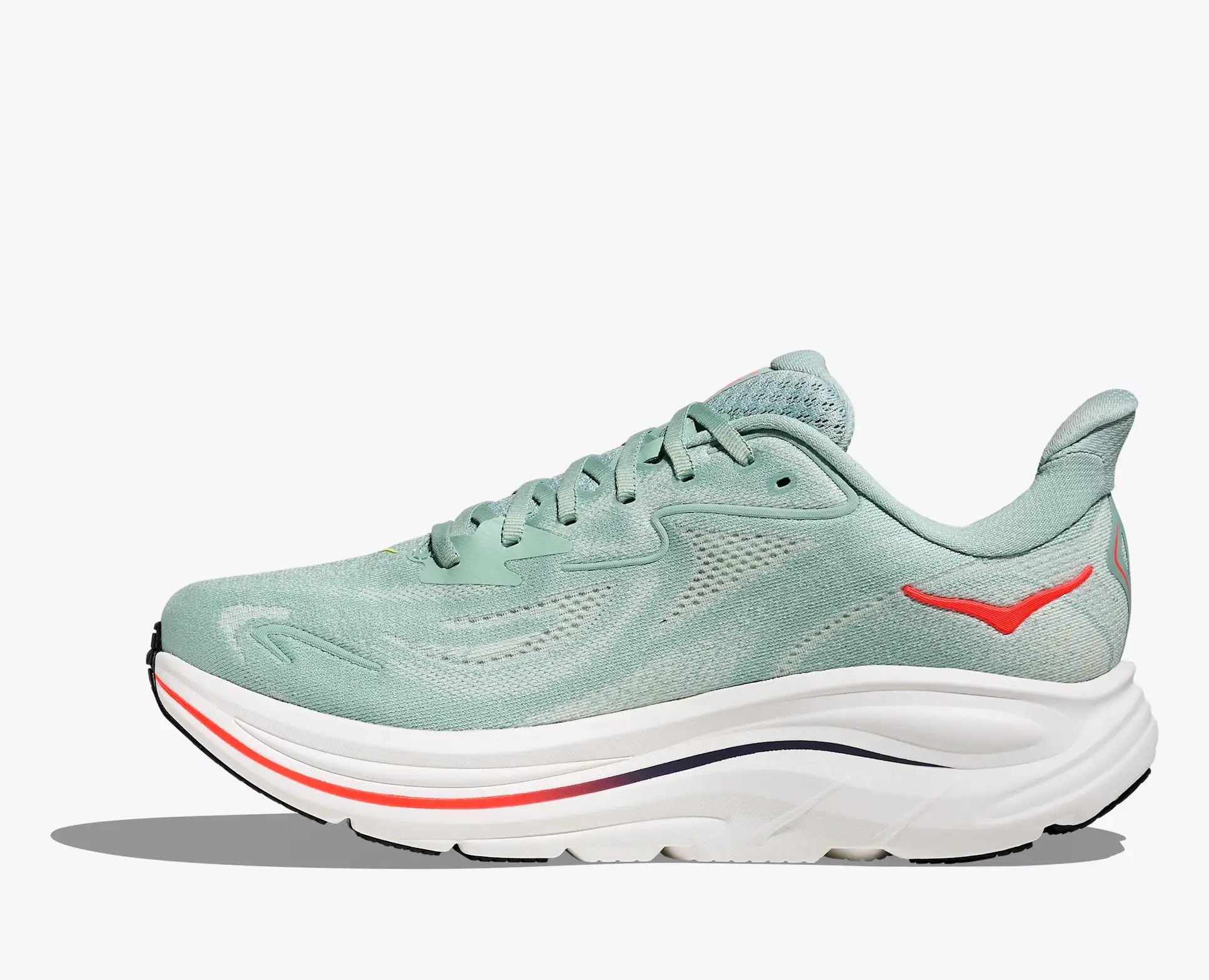 Hoka Clifton 10 men's  Light blue running shoe with a red accent on a white background