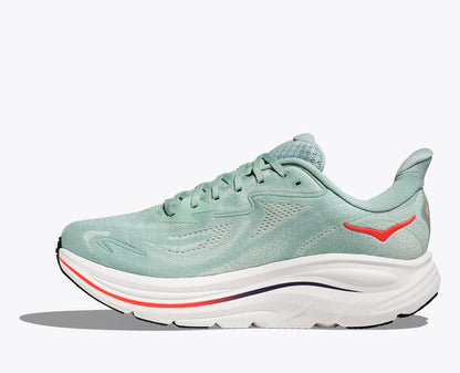 Hoka Clifton 10 men's  Light blue running shoe with a red accent on a white background