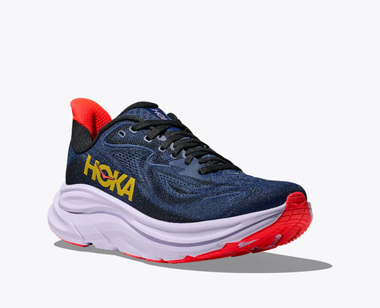 Blue running shoe with red accents and 'Hoka' branding on a white background