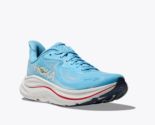 Blue running shoe with white sole on a light gray background