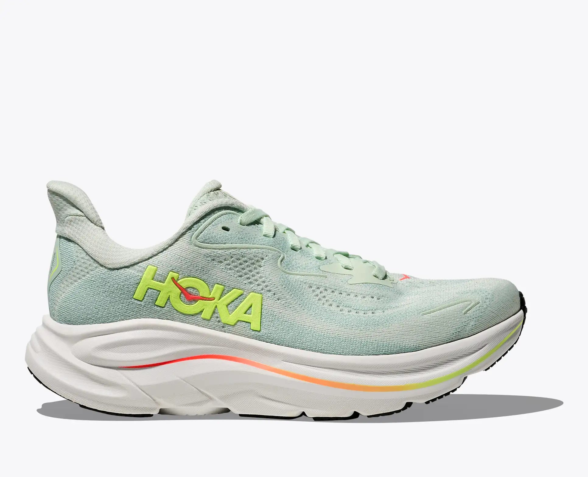 Light blue running shoe with 'Hoka' branding on a white background