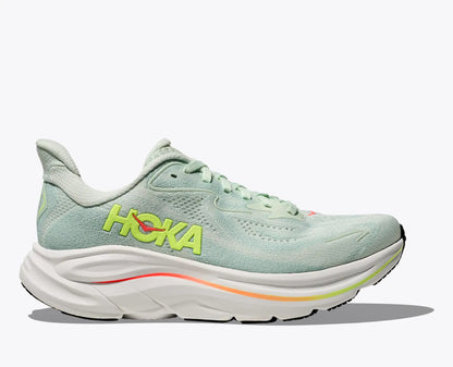 Light blue running shoe with 'Hoka' branding on a white background