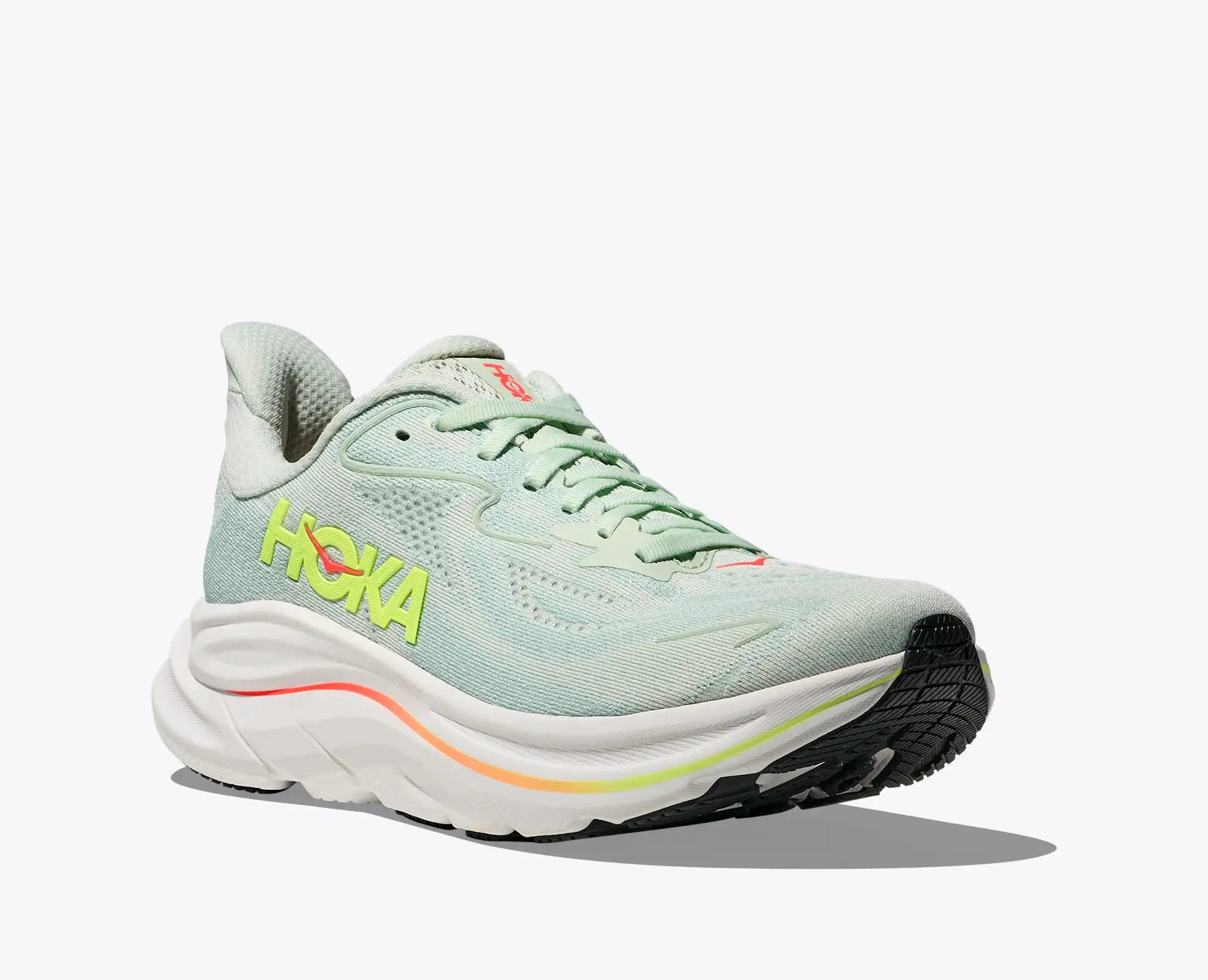 Light blue running shoe with 'Hoka' branding on a white background