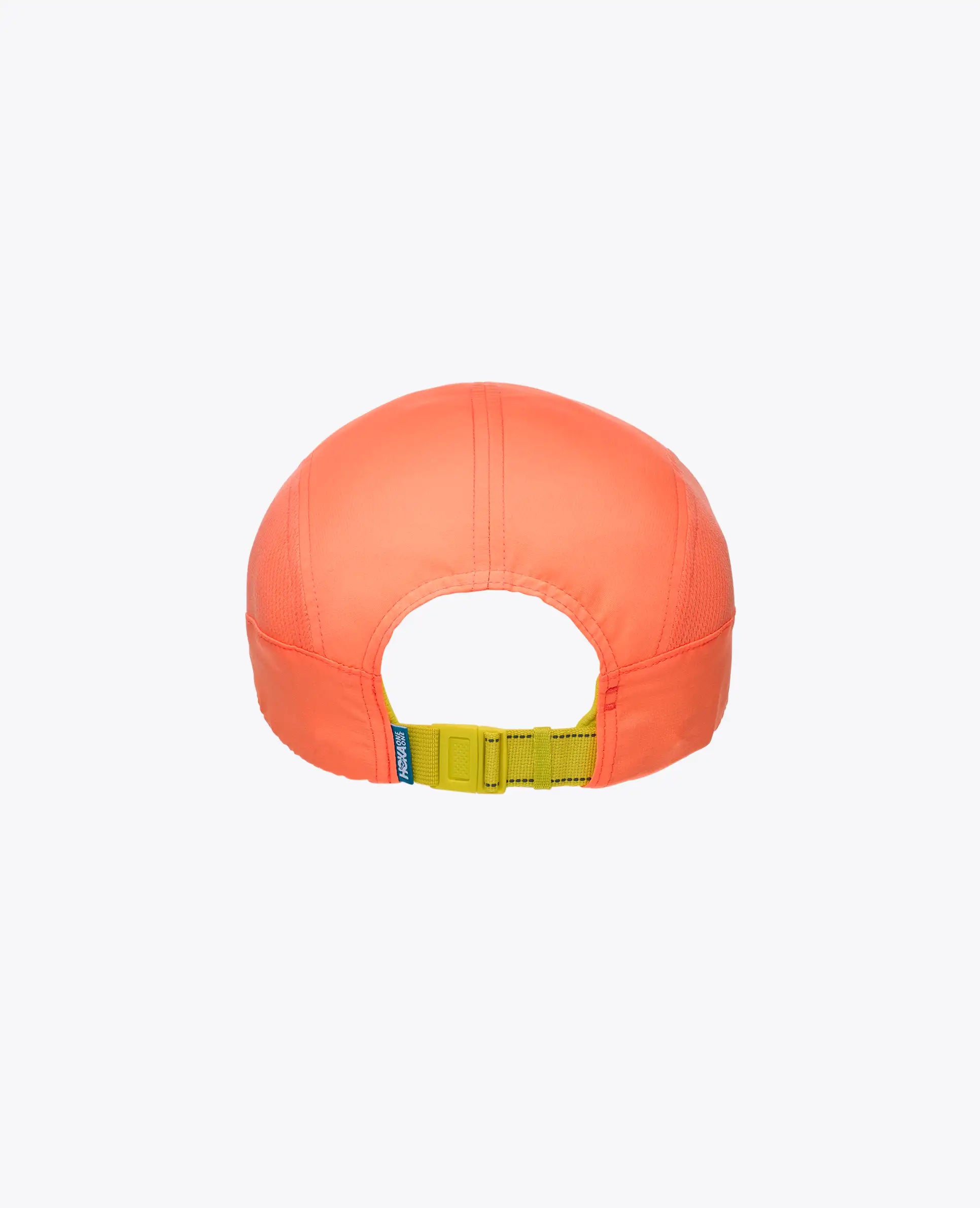 Hoka neon cantaloupe cap with a yellow strap on a white background