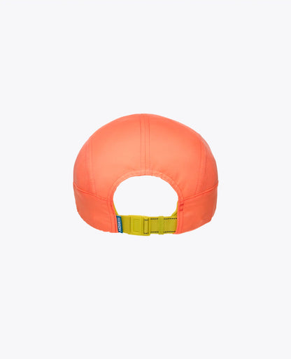 Hoka neon cantaloupe cap with a yellow strap on a white background
