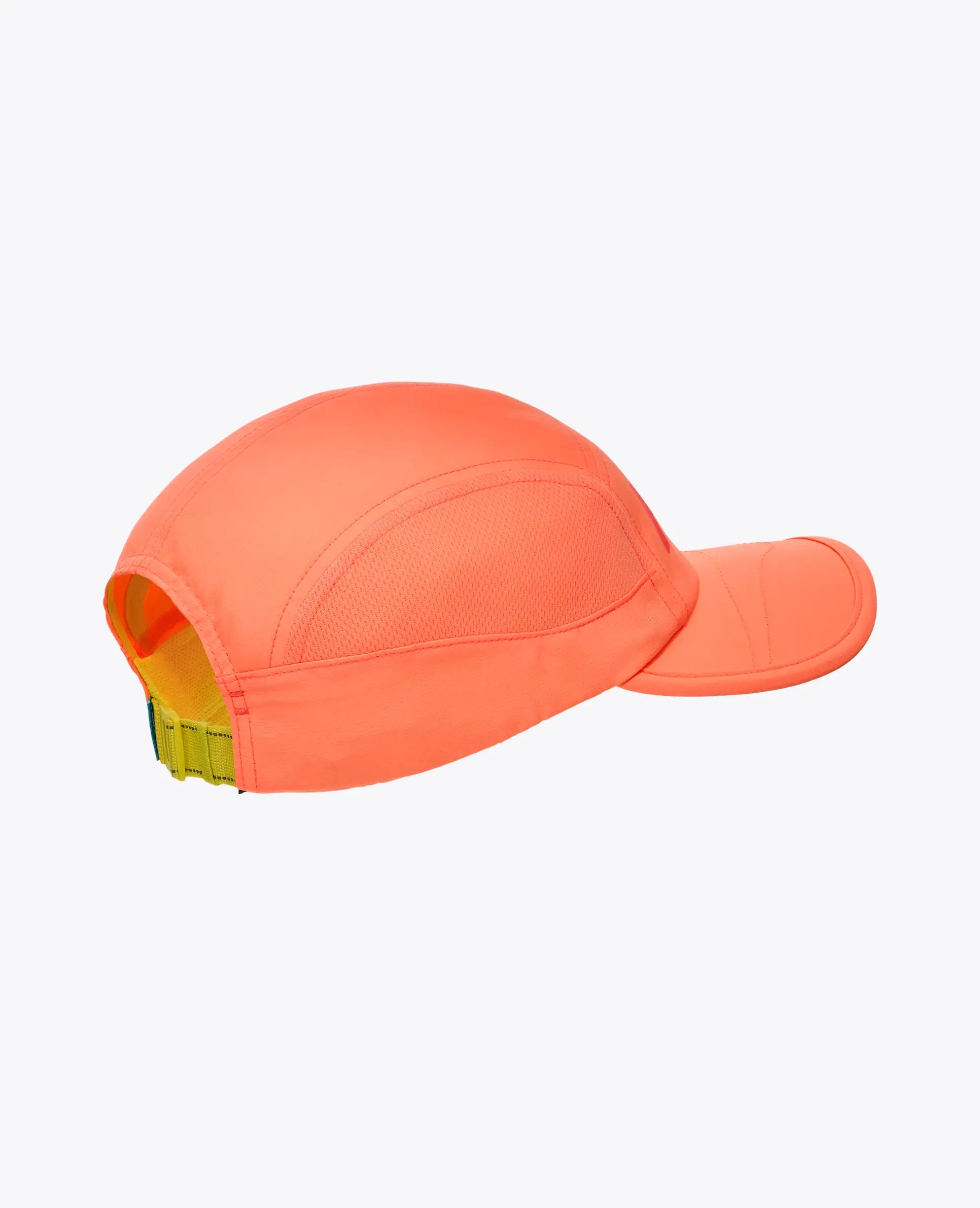 Hoka neon cantaloupe cap with a yellow rim on a white background