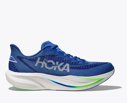 Blue Hoka running shoe on a white background