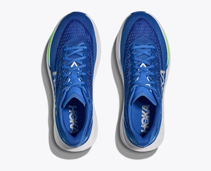 Blue running shoes with white soles on a light gray background