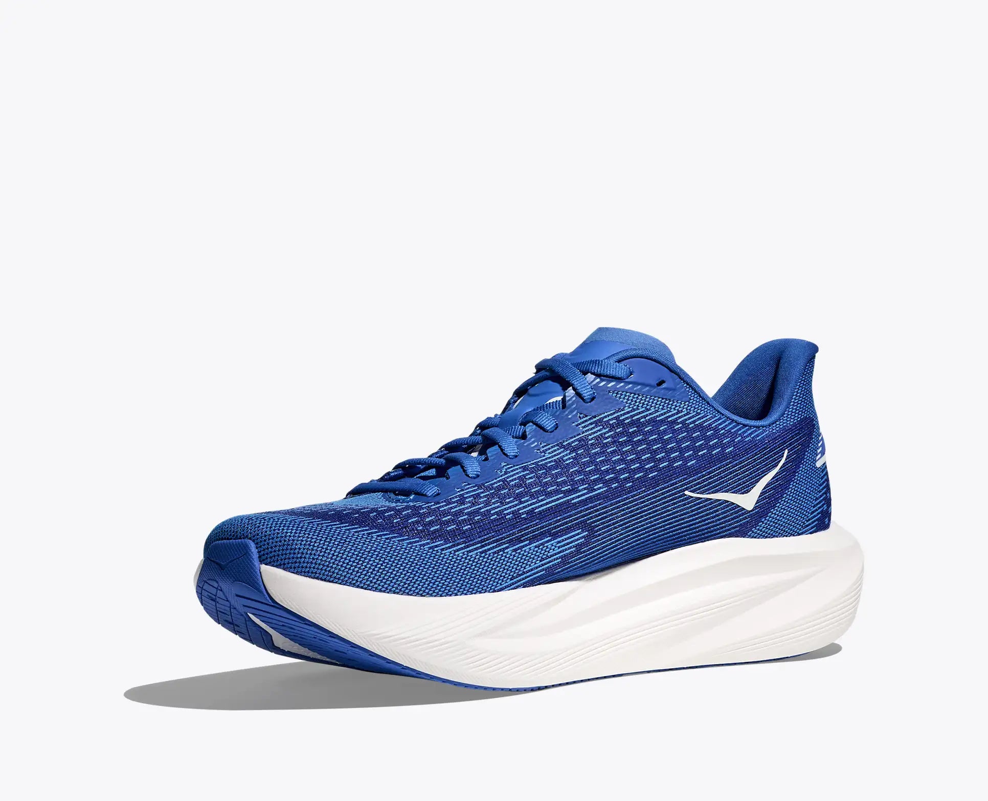 Blue running shoe with white sole on a light gray background