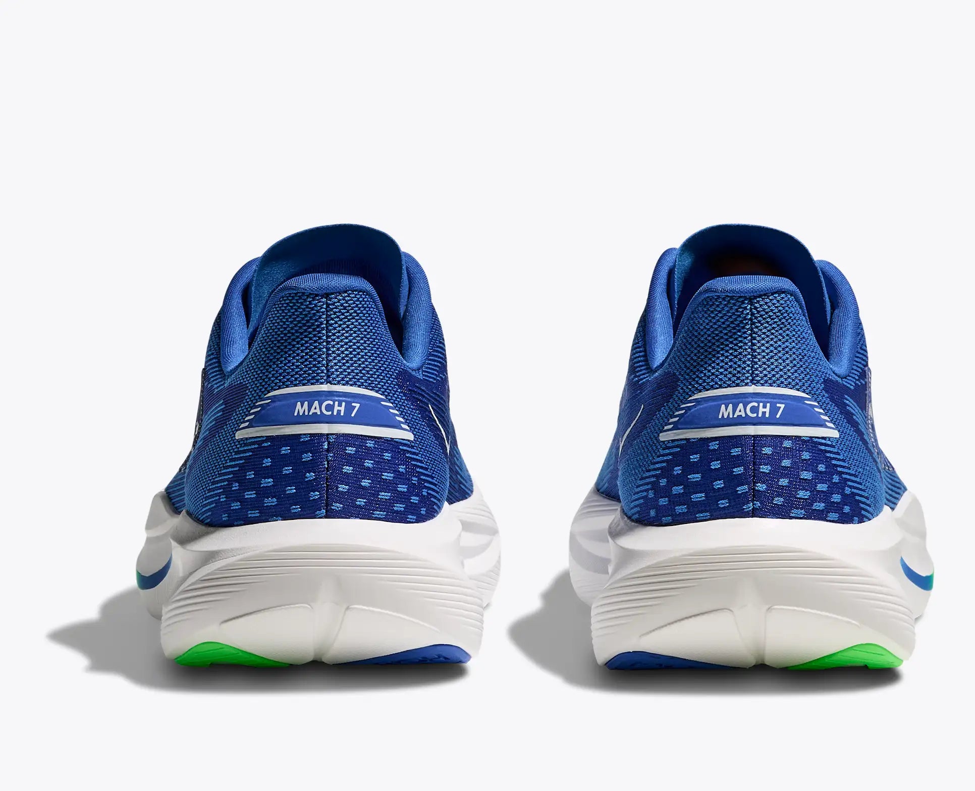 Blue running shoes with 'MACH 7' branding on a white background