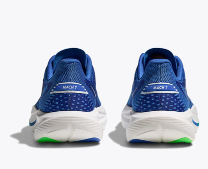 Blue running shoes with 'MACH 7' branding on a white background