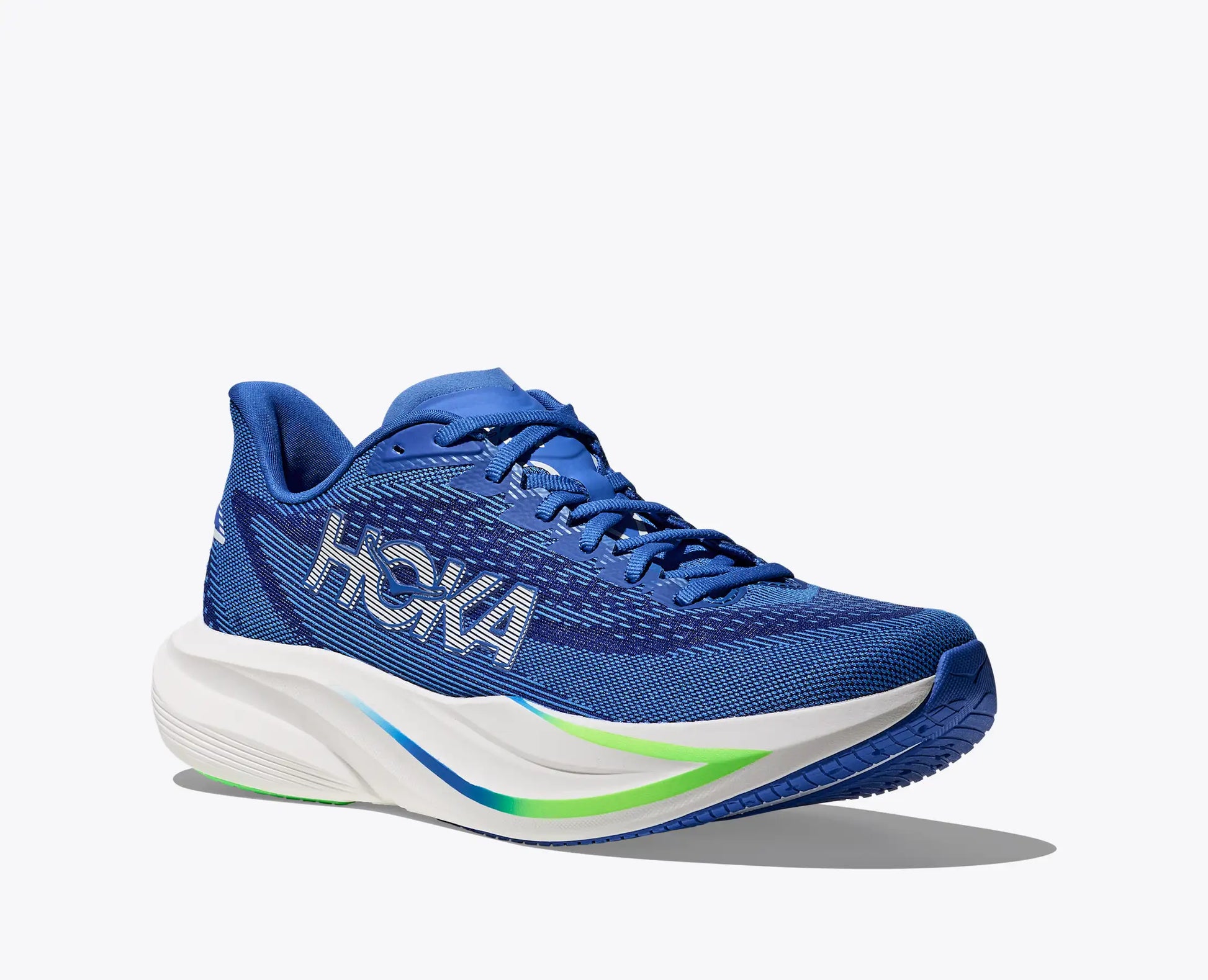 Blue running shoe with white sole on a light gray background