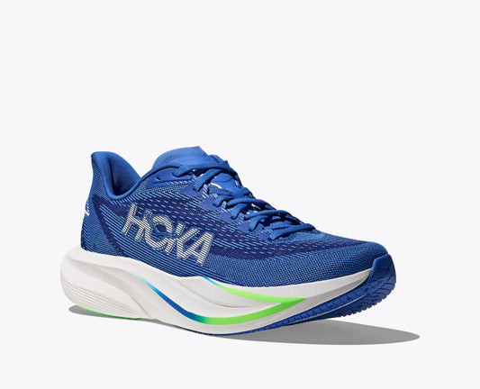Blue running shoe with white sole on a light gray background