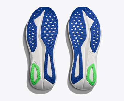 Pair of blue and white shoe insoles with green accents on a white background