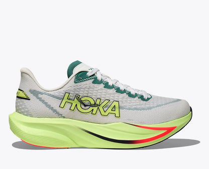 Hoka running shoe with a white and green design on a light gray background