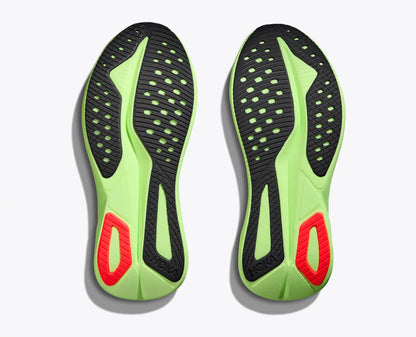 Green and black shoe insoles with red accents on a white background