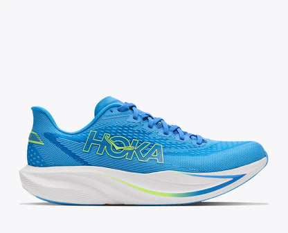 A Hoka Mach 7 running shoe in bright blue with a white midsole and lime green accents, shown from a side profile on a light gray background.