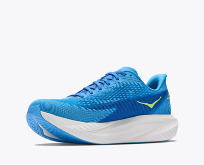 A blue and white Hoka Mach 7  running shoe with a bright blue mesh upper, white midsole, and a small neon yellow-green logo on the side, shown against a light gray background.