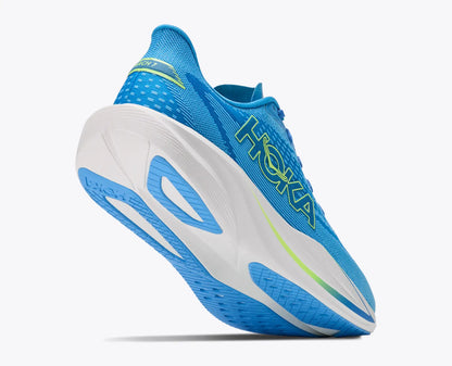 A Hoka Mach 7 running shoe in bright blue and white with lime green accents, shown from a three-quarters angle against a light gray background.