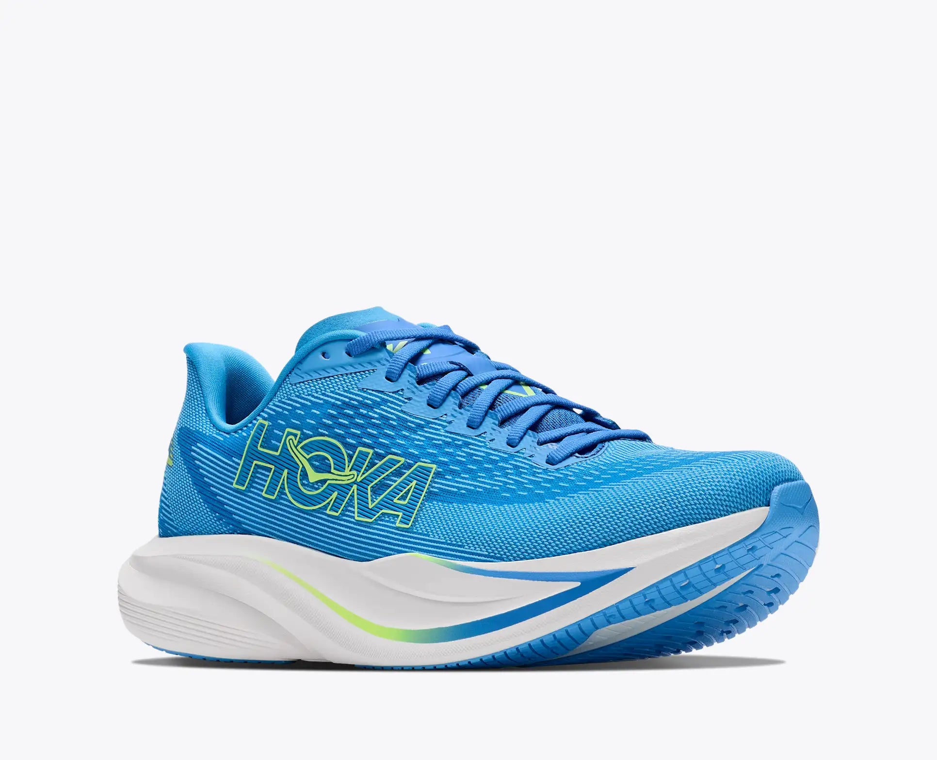 Blue Hoka Mach 7 running shoe with white sole on a white background