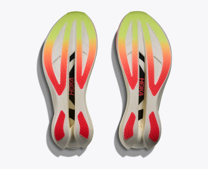Colorful Hoka Cielo Carbon running shoe sole with brand logo on a white background