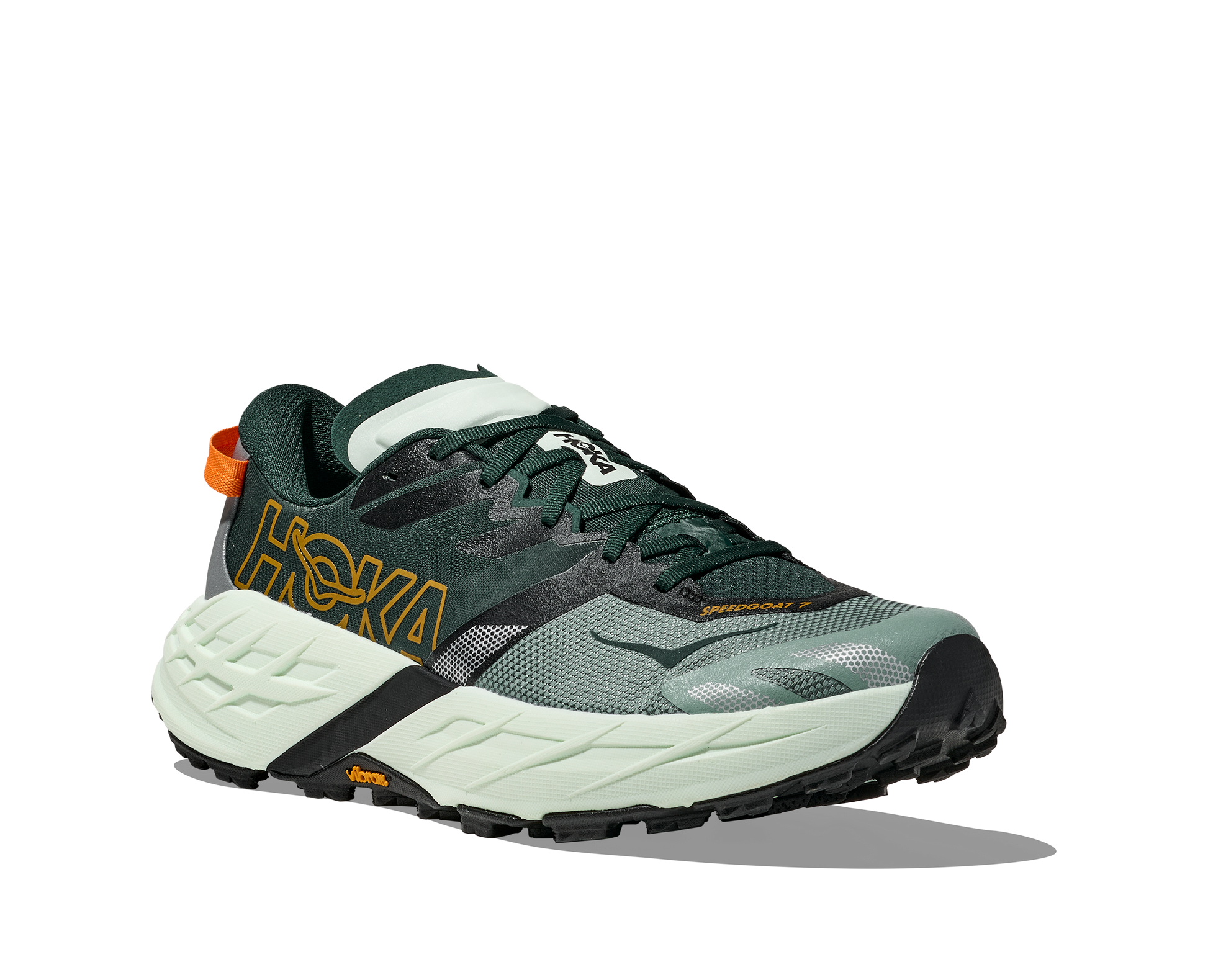 Green and gray running shoe with white sole on a white background