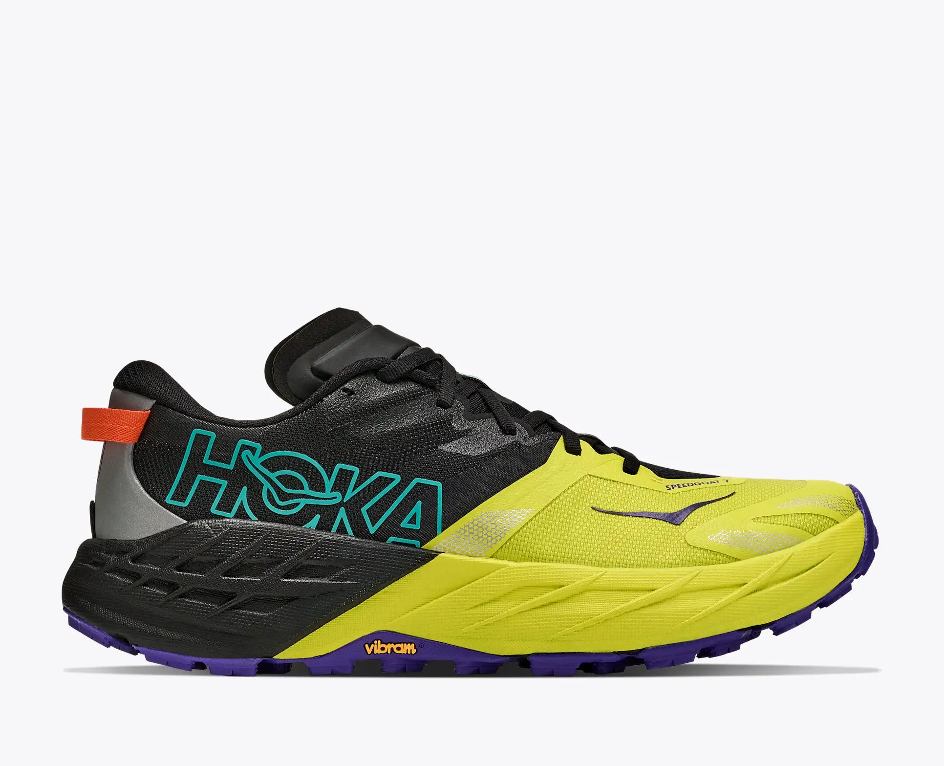 A Hoka Men's Speedgoat 7 trail running shoe in black and neon yellow, featuring a teal Hoka logo on the heel, a purple Vibram sole, and an orange heel pull tab, shown against a plain white background.