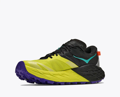 A Hoka Men's Speedgoat 7 trail running shoe in black and neon yellow with purple outsole and heel accents, a teal logo, and a small orange pull tab, shown against a plain white background.