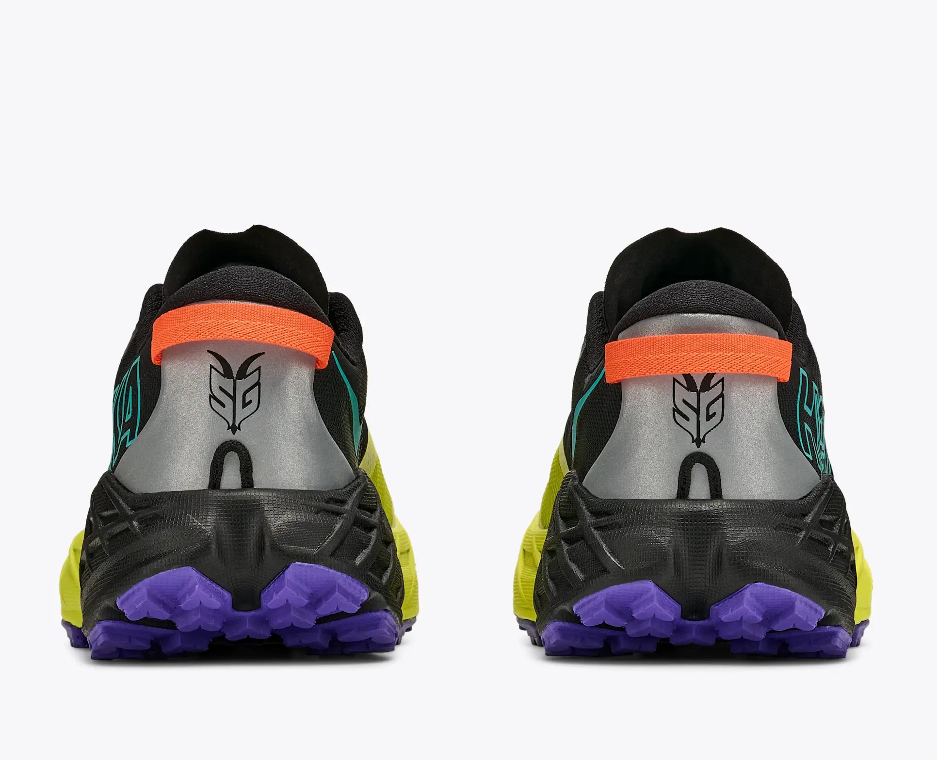A pair of Hoka Men's Speedgoat 7 trail running shoes shown from the back, featuring a black and metallic silver heel counter, an orange hook-and-loop strap, teal accents, and a purple and neon yellow outsole.