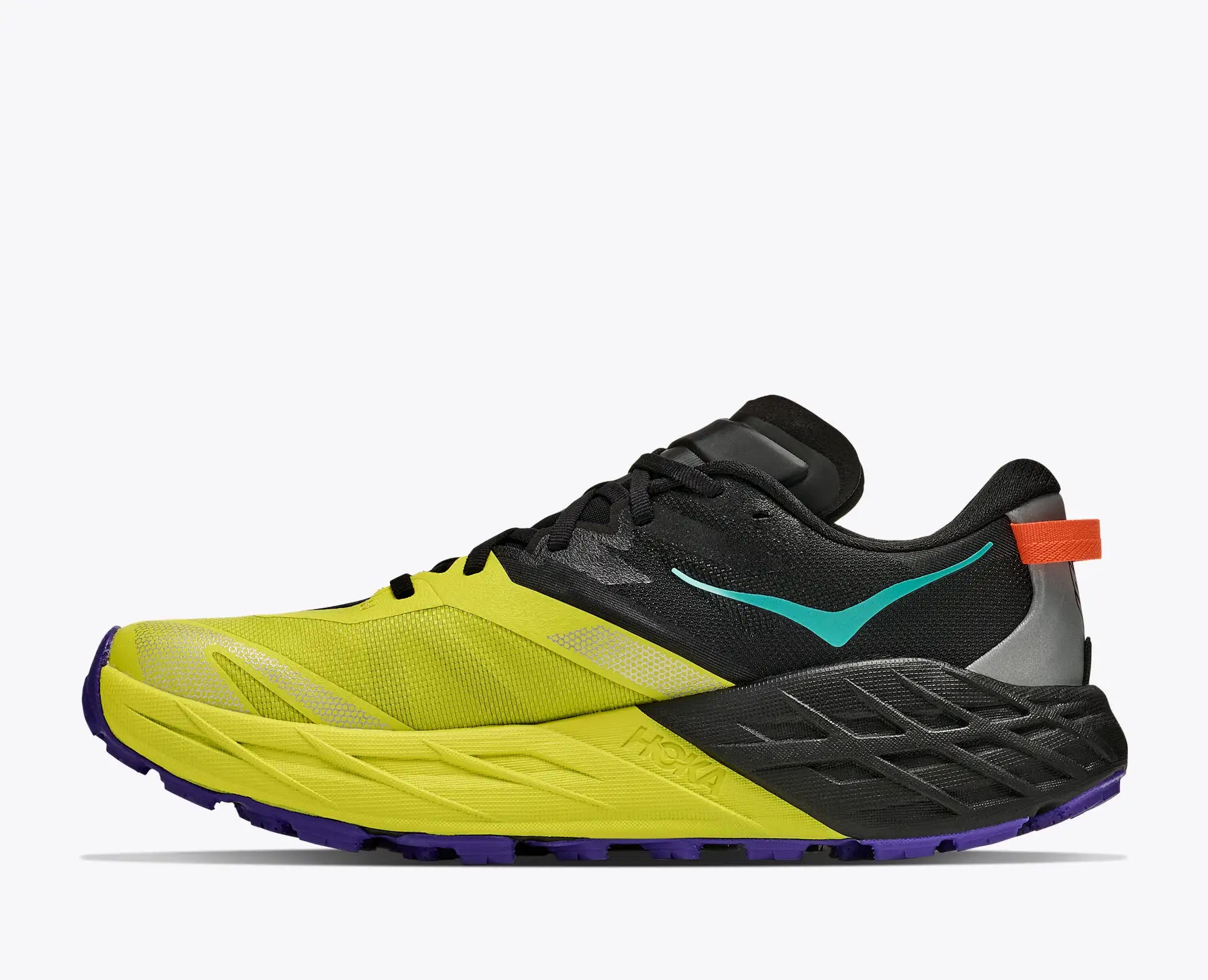 A Hoka Men's Speedgoat 7 trail running shoe in bright yellow, black, and teal, with a small orange pull tab on the heel, shown from a side profile on a light gray background.