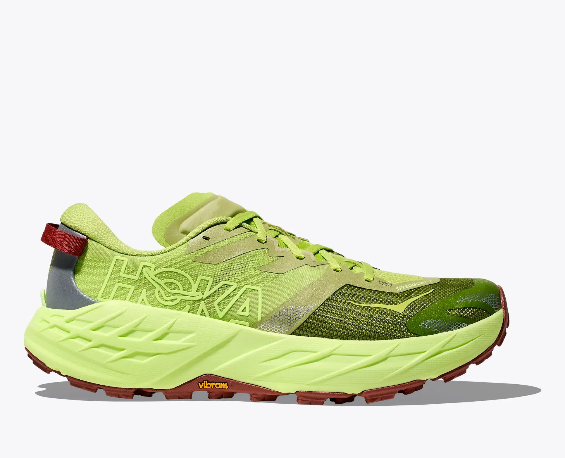 Bright green running shoe with red accents on a white background