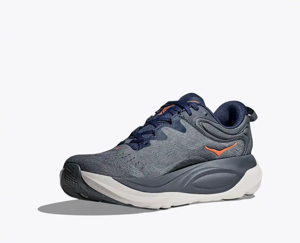 Grey Hoka running shoe on a white background