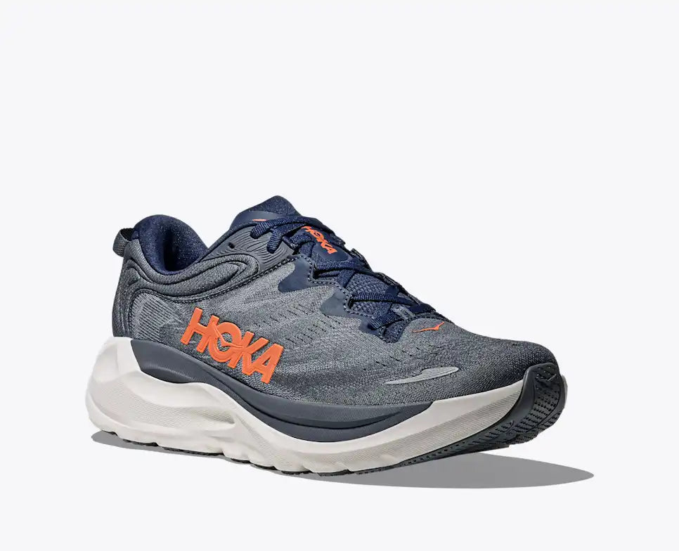 Grey Hoka running shoe on a white background